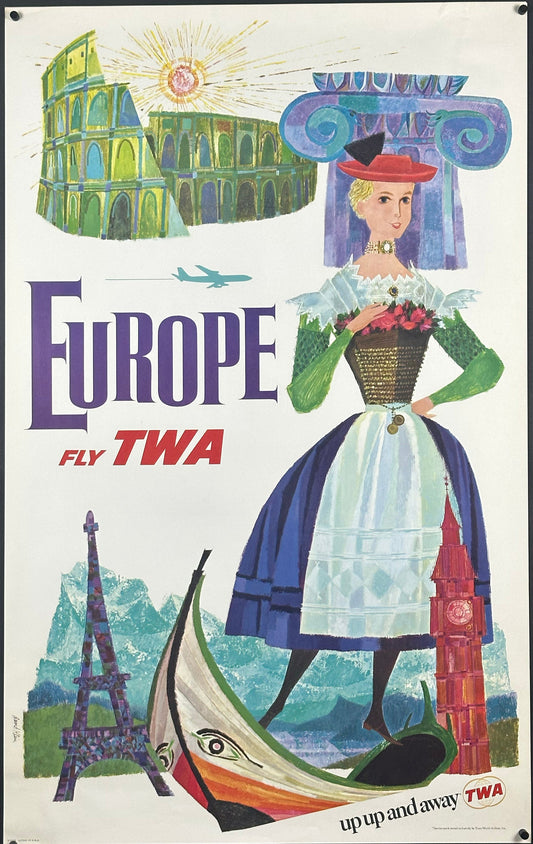 Fly TWA - Europe "Up Up And Away" by David Klein (c. 1960s) - posterpalace.com