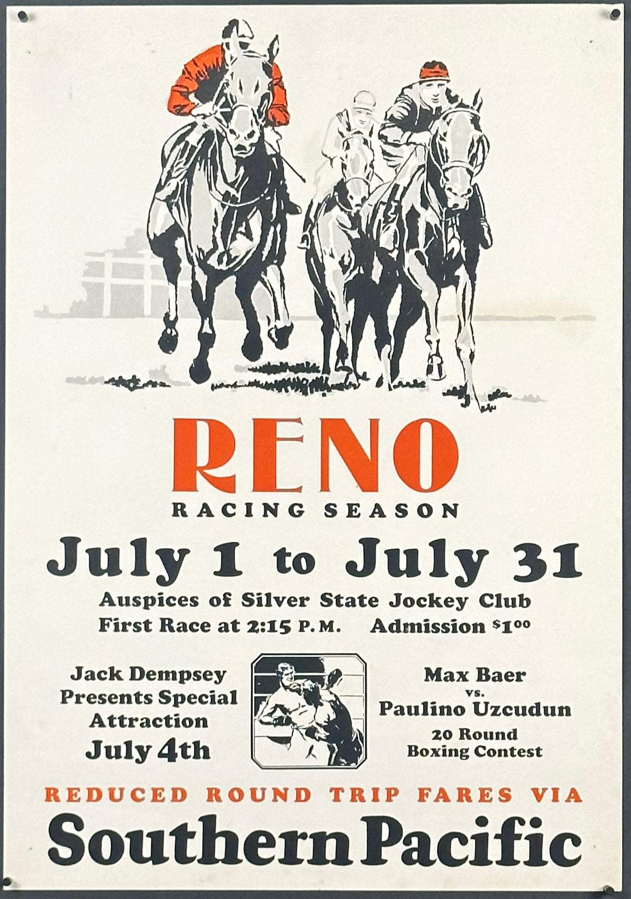 Southern Pacific Railroad - Reno Racing Season and Baer vs Uzcudun Boxing (1931) - posterpalace.com