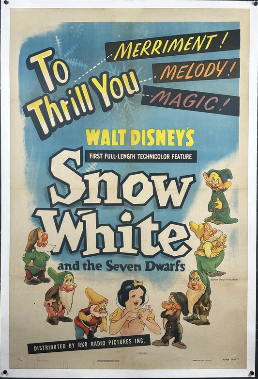 Walt Disney's Snow White and The Seven Dwarfs Vintage US One Sheet Style A (R 1943) - posterpalace.com